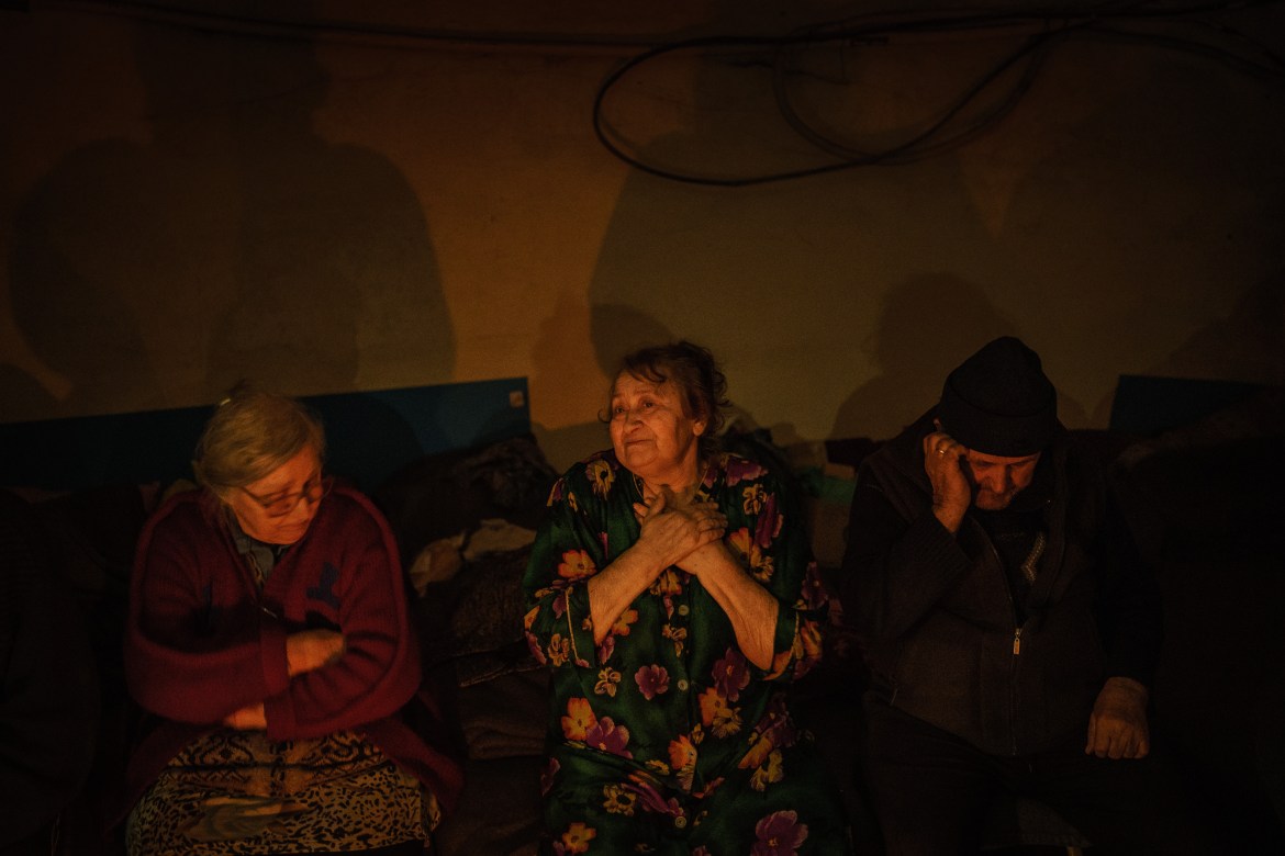 Thirty-eight mostly elderly Ukrainians have lived in a shelter under a hospital in Marinka for more than a month. Some said they have not changed their clothes for more than two weeks.