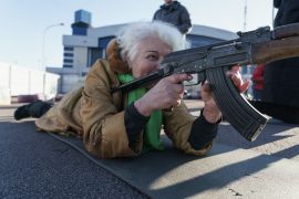 Valentyna Konstantynovska, 79, training for the possible Russian invasion in Mariupol, Ukraine.