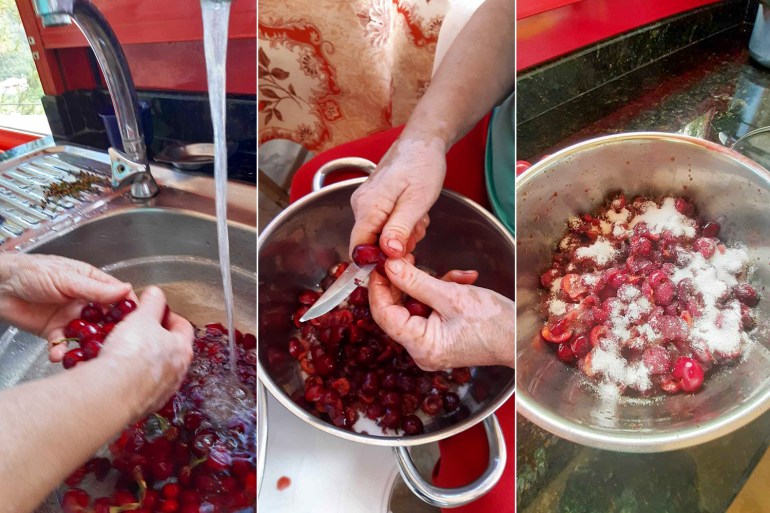 A triptych of Salma's hands washing, cutting and sugaring cherries for jam