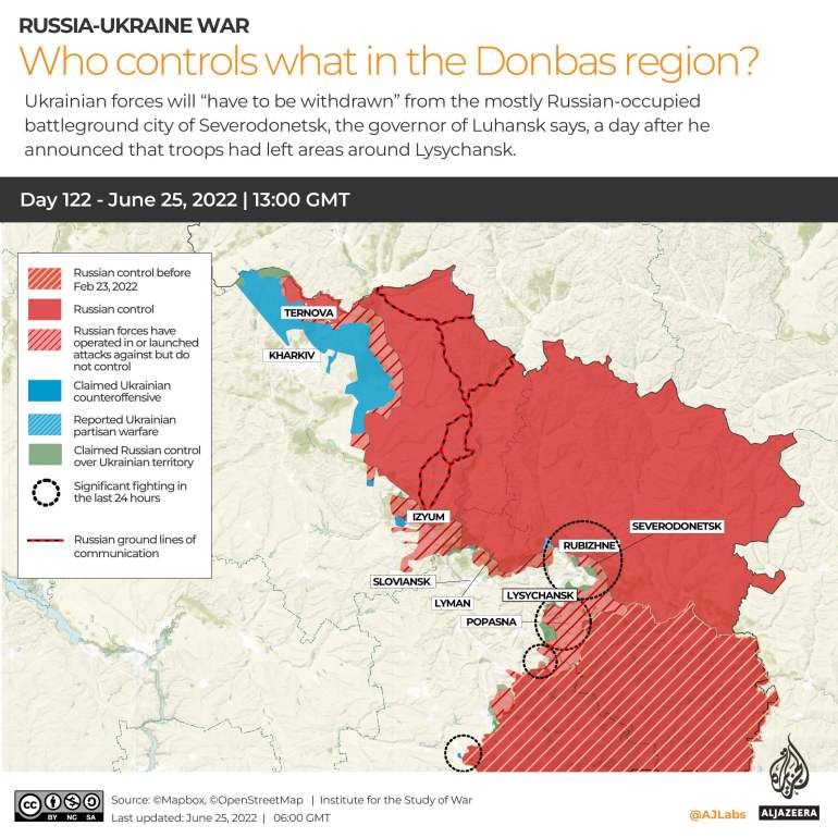 INTERACTIVE_UKRAINE_CONTROL 지도 DAY122June25_INTERACTIVE- 누가 돈바에서 무엇을 통제합니까?