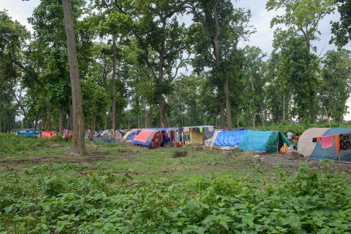 Relief camps set up for the flood affected people of the nearby villages in Kholahat reserve forest of Nellie in Morigaon district of Assam
