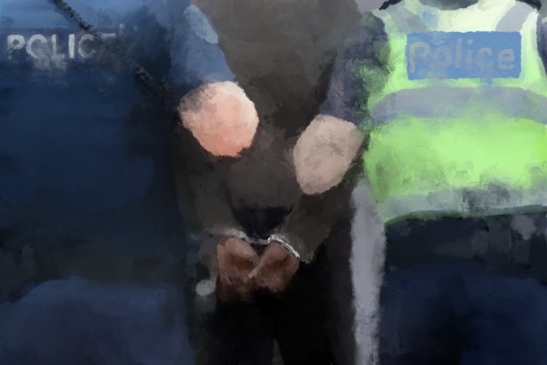 An illustration of the backs of two police officers holding a person who has been hand cuffed between them.
