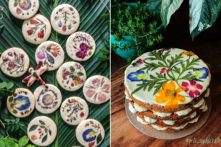 composite image of flower cookies on the left and a flower-decorated cake on the right