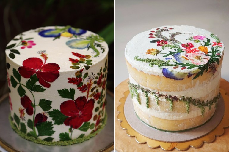Composite photo of two cakes decorated with flowers and herbs by Priti Vadakkath