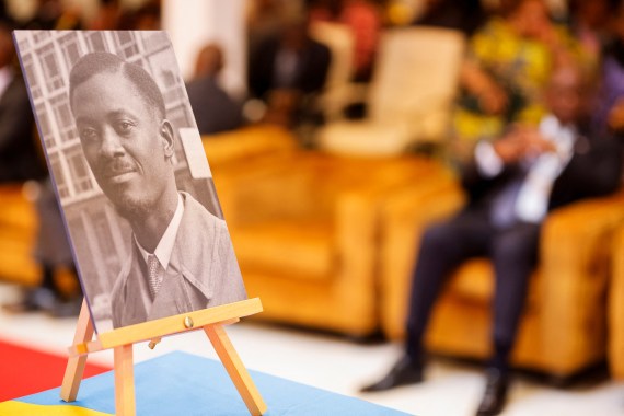 A photo of the Democratic Republic of the Congo's first Prime Minister Patrice Emery Lumumba is pictured at a ceremony