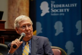 Senate Majority Leader Mitch McConnell speaks to a gathering of the Federalist Society