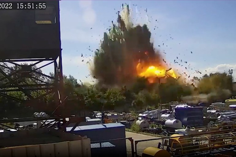 A still image from CCTV footage shows the explosion as a Russian missile strike hits a shopping mall at a location given as Kremenchuk