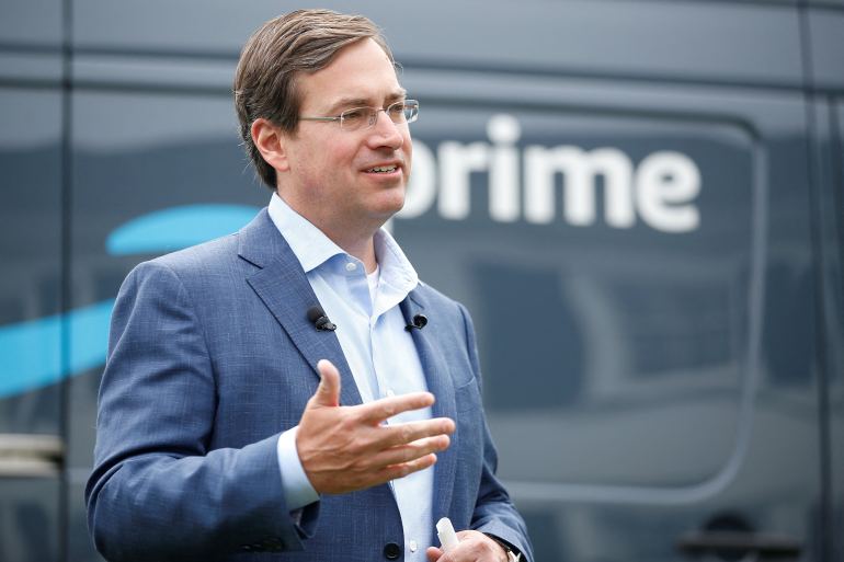 Dave Clark, Amazon's senior vice president of worldwide operations, speaks during a press conference in Seattle, Washington, U.S.