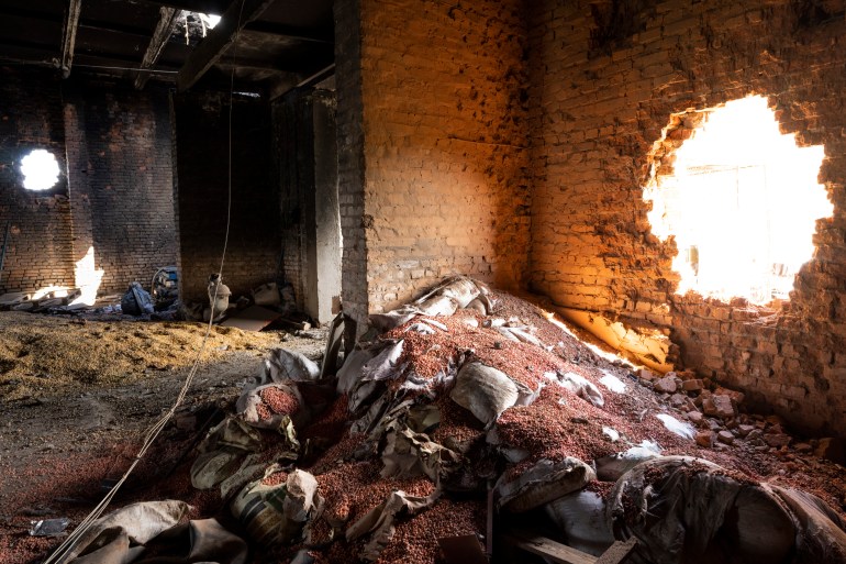  Scattered grain sits inside a warehouse damaged by Russian attacks.