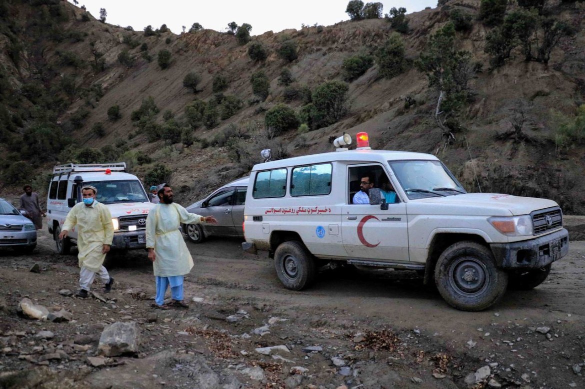 An ambulance shift victims of earthquake in Gayan village in Paktia province, Afghanistan, 22 June 2022.