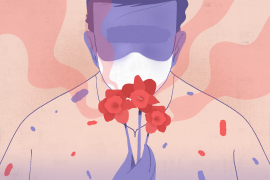 An illustration of what appears to be a blindfolded person smelling flowers.