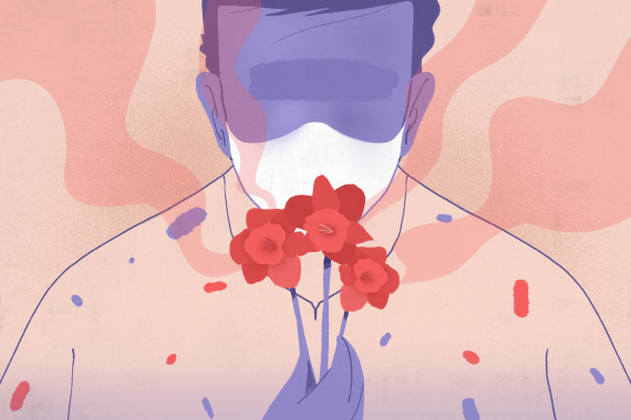 An illustration of what appears to be a blindfolded person smelling flowers.