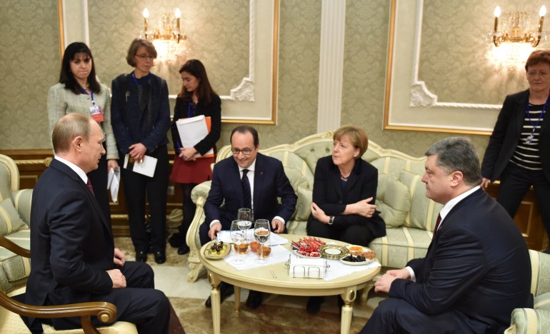 Russian President Vladimir Putin, French President Francois Hollande, German Chancellor Angela Merkel, and Ukrainian President Petro Poroshenko.