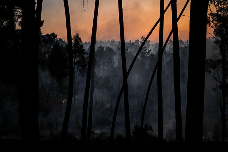 This photograph shows smoke rising from a burnt forest area during a wildfire at Casais do Vento in Alvaiazere on July 10, 2022. - Around 1.500 firefighters were mobilized to put out three wildfires raging for more than 48 hours in central and northern Portugal, as the country was hit by a heat wave that prompted the government to declare a "state of contingency". 
