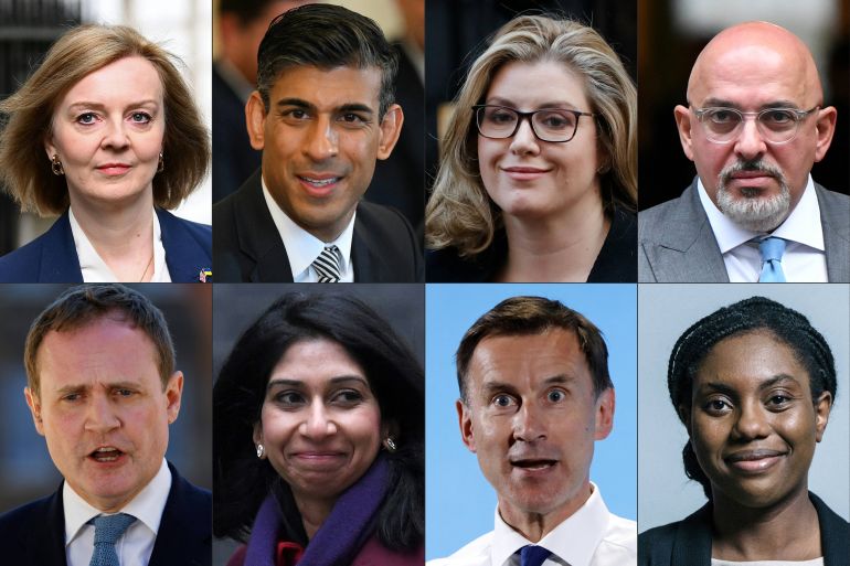 (COMBO) This combination of pictures created on July 12, 2022 shows, top row from left, Britain's Foreign Secretary Liz Truss arrives to attend the weekly Cabinet meeting at 10 Downing Street, in London, on April 19, 2022, Britain's Chancellor of the Exchequer Rishi Sunak attends a cabinet meeting at 10 Downing Street in London on May 24, 2022, Britain's International Development Secretary and Minister for Women and Equalities Penny Mordaunt arrives to attend the weekly meeting of the cabinet in Downing Street in London on October 9, 2018, and Britain's Education Secretary Nadhim Zahawi leaves Downing Street after attending a cabinet meeting in central London on October 27, 2021 before the government's annual budget announcement, and bottom row from left, Conservative politician Tom Tugendhat speaks to a TV reporter outside Millbank Studios in central London on July 11, 2022, Britain's Attorney General Suella Braverman arrives to attend the weekly Cabinet meeting at 10 Downing Street in London on January 25, 2022, Conservative MP and leadership contender Jeremy Hunt gestures as he takes part in a Conservative Party Hustings event in Maidstone, south of London, on July 11, 2019, and an undated handout photograph released by the UK Parliament shows Conservative MP for Saffron Walden, Kemi Badenoch, posing for an official portrait photograph at the Houses of Parliament in London. - Eight Conservative MPs will vie to become UK prime minister, the party announced on July 12, 2022, with frontrunner Rishi Sunak launching his campaign by saying he would not "demonise" the outgoing Boris Johnson, despite triggering his demise. Former finance minister Sunak, his successor Nadhim Zahawi, Foreign Secretary Liz Truss, former defence minister Penny Mordaunt and ex-health minister Jeremy Hunt all received the support of more than 20 MPs, the threshold required to enter the race. [AFP]