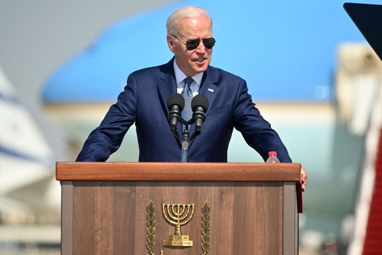 US President Joe Biden addresses his hosts upon his arrival in Israel