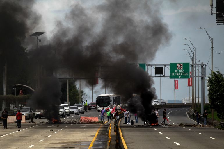 Union workers block a highway in Panama