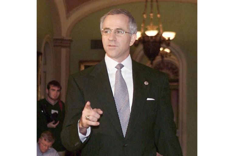 US Rep. Stephen Buyer, R-IN, talks to reporters 04 February just outside the Senate chamber in the US Capitol in Washington, DC, before going into the impeachment trial of US President Bill Clinton