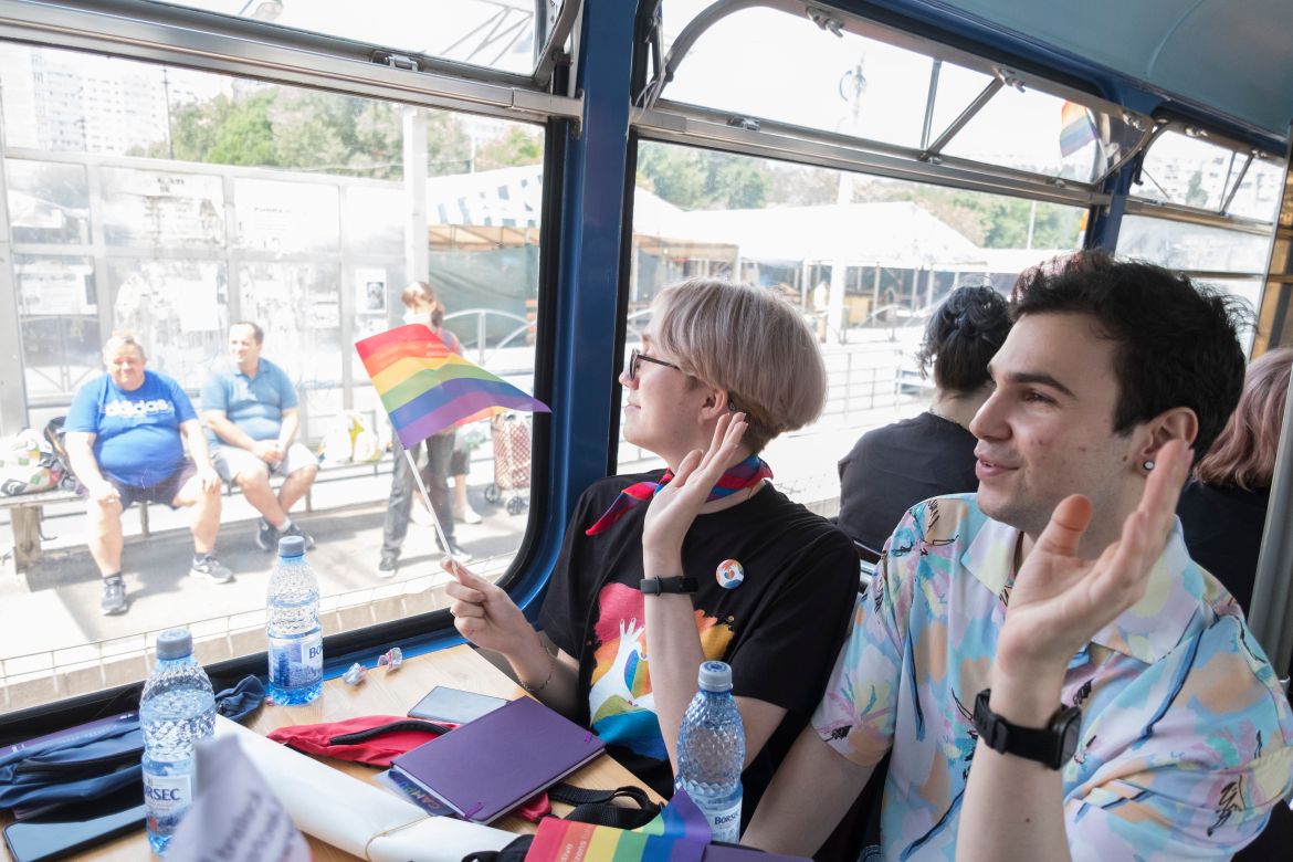 Young people participating at the “Pride in the tram” event
