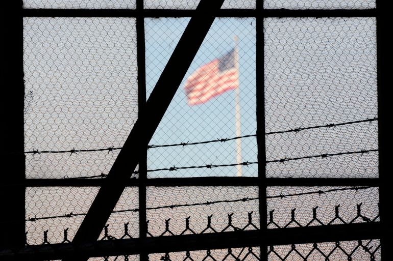 American flag seen from a war crimes courtroom US Naval Base Guantanamo Bay in Cuba.