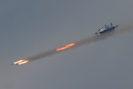 A Sukhoi Su-30 SM jet fighter fires missiles during the International Army Games in 2018 at the Dubrovichi range outside Ryazan, Russia [File: Maxim Shemetov/Reuters]