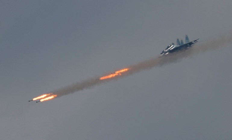 A Sukhoi Su-30 SM jet fighter fires missiles during the International Army Games 2018, at the Dubrovichi range outside Ryazan, Russia in 2018 [File: Maxim Shemetov/Reuters]