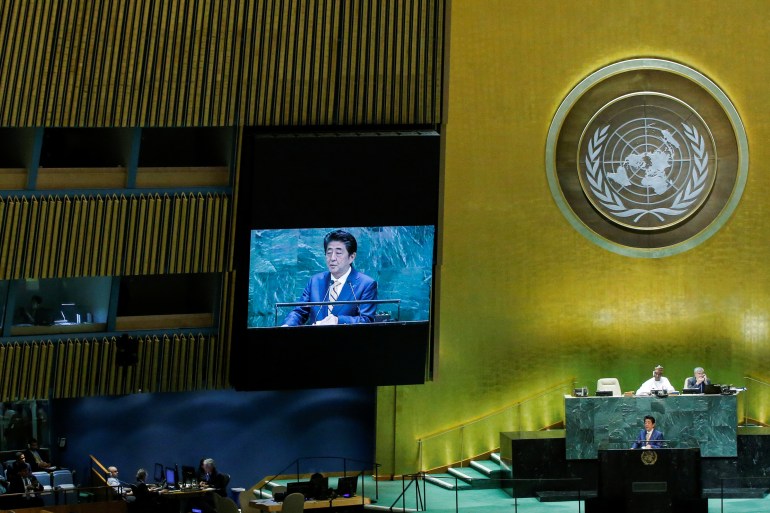 Japan's Prime Minister Shinzo Abe addresses the 74th session of the United Nations General Assembly at U.N. headquarters in New York City, New York, U.S., September 24, 2019.