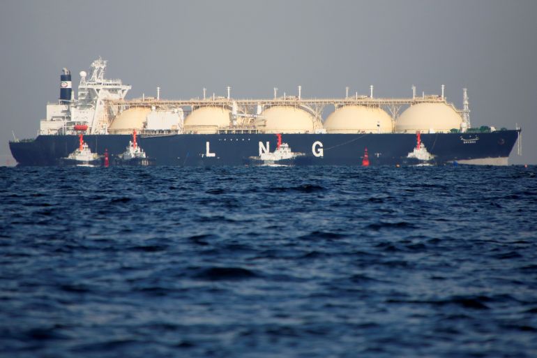 Liquified natural gas tanker at sea.