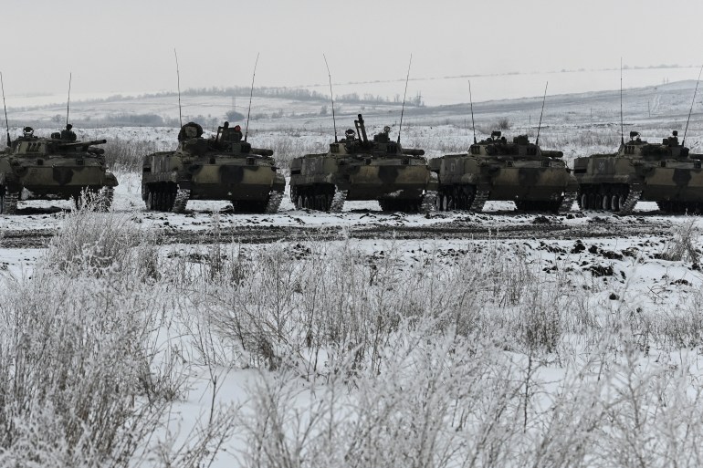 A view shows Russian BMP-3 infantry fighting vehicles during drills held by the armed forces of the Southern Military District at the Kadamovsky range in the Rostov region, Russia January 27, 2022. REUTERS/Sergey Pivovarov