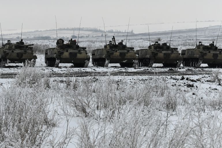 A view shows Russian BMP-3 infantry fighting vehicles during drills held by the armed forces of the Southern Military District at the Kadamovsky range in the Rostov region, Russia January 27, 2022. REUTERS/Sergey Pivovarov