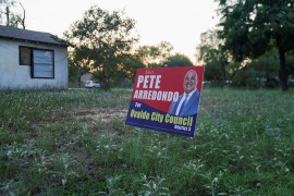 A political sign for Pete Arredondo, the Uvalde School District police chief [File: Veronica G. Cardenas/Reuters]