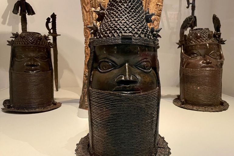 Benin art objects and bronzes are pictured at the Linden Museum in Stuttgart, Germany on June 29, 2022 [Louisa Off/Reuters]