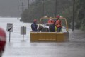 An emergency crew rescues two ponies from a flooded area in Milperra, Sydney