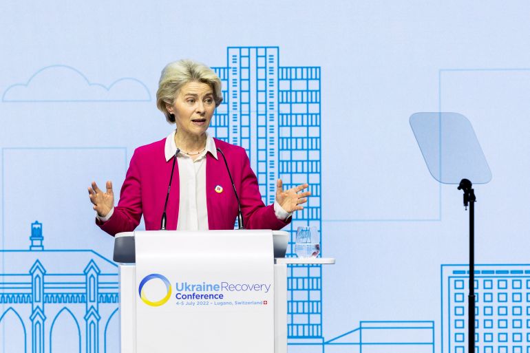 European Commission President Ursula von der Leyen speaks during the Ukraine Recovery Conference