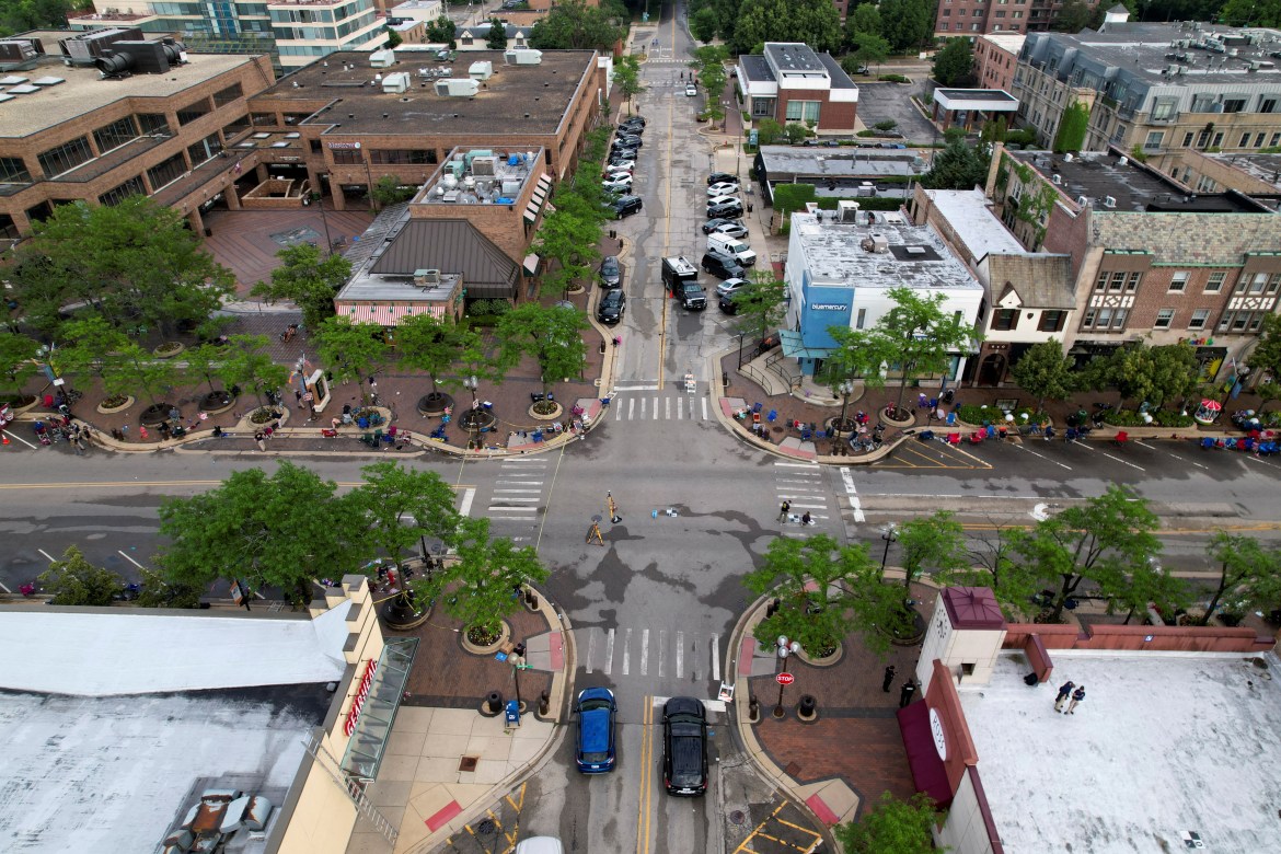 An aerial view of the parade route after a mass shooting