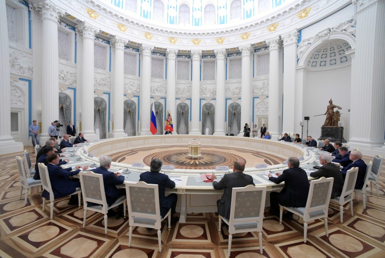 Russian President Vladimir Putin attends a meeting with parliamentary leaders in Moscow, Russia July 7, 2022. Sputnik / Aleksey Nikolskyi