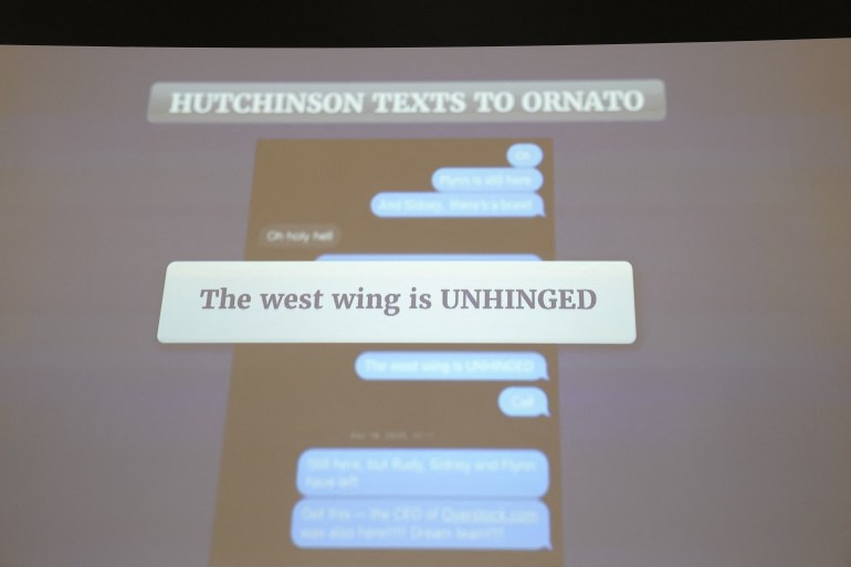 The text message "The west wing is UNHINGED" is highlighted in this capture of communications between White house Deputy White House Chief of Staff Tony Ornato and Cassidy Hutchinson.