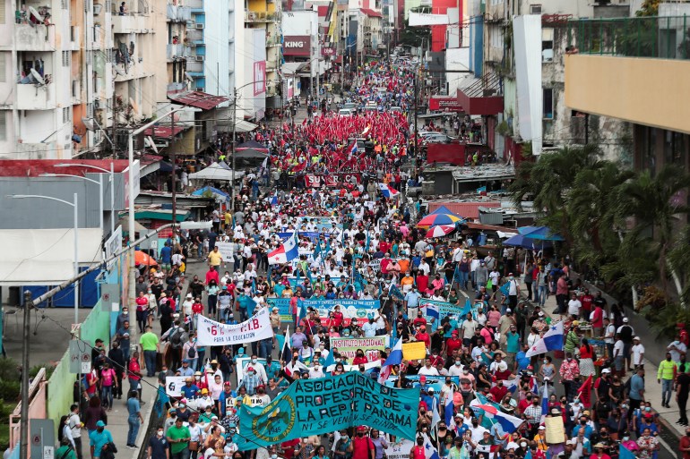 Demonstrators take part in a protest to demand the government steps to curb inflation, lower fuel and food prices, in Panama City, Panama July 12, 2022. REUTERS/Erick Marciscano