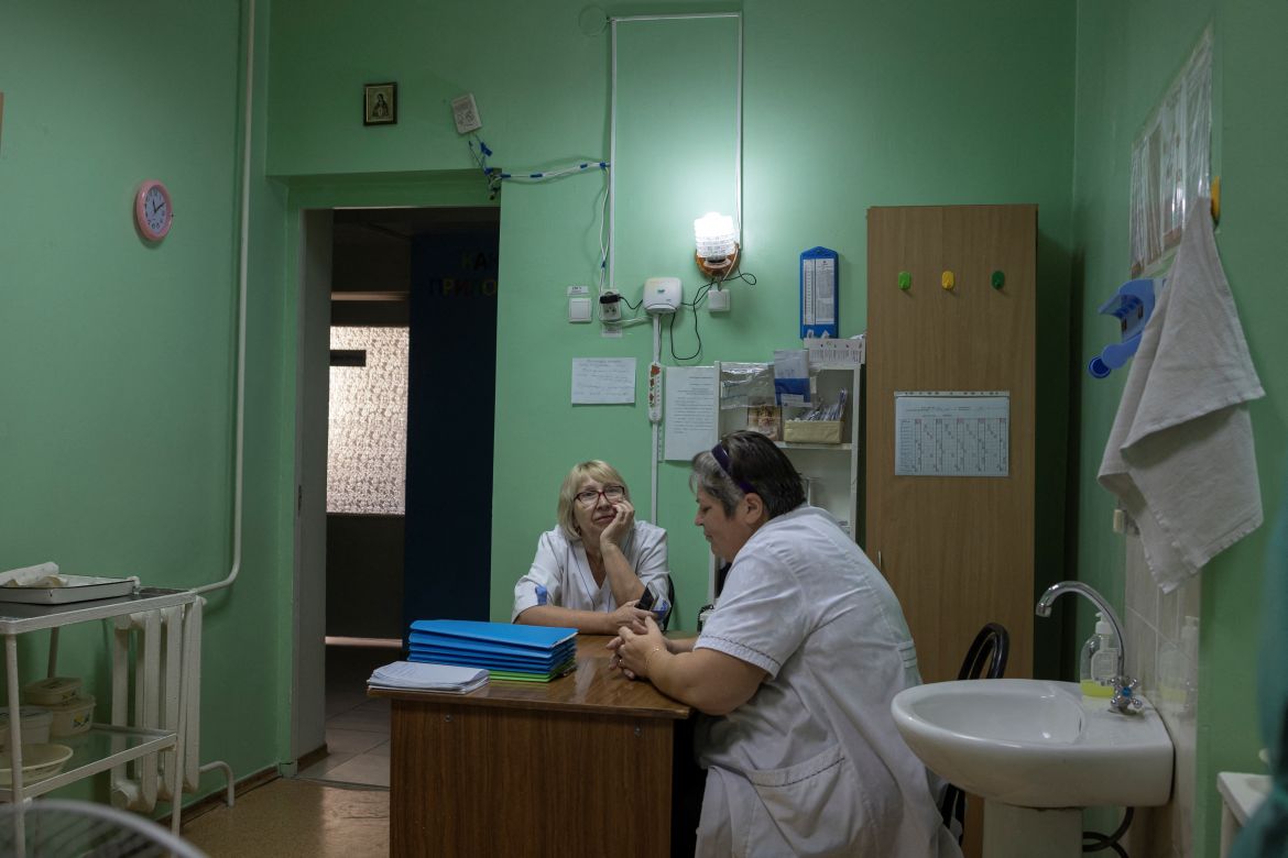 Nurses sit inside Pokrovsk maternity hospital
