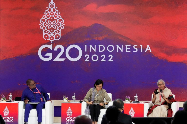 South Africa's Finance Minister Enoch Godongwana, Indonesia's Finance Minister Sri Mulyani Indrawati and India's Finance Minister Nirmala Sitharaman attend a side event on the G20 Finance Ministers and Central Bank Governors Meeting in Nusa Dua, Bali, Indonesia.