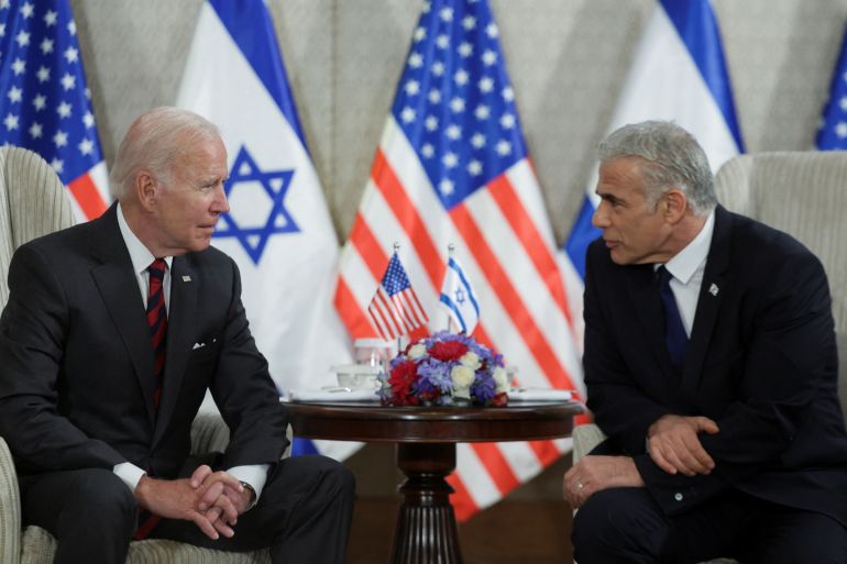 U.S. President Joe Biden and Israeli Prime Minister Yair Lapid participate in a bilateral meeting, in Jerusalem, July 14, 2022.