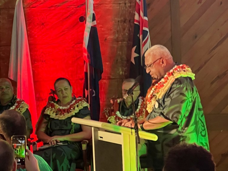Fijian President Frank Bainimarama speaks from the podium.