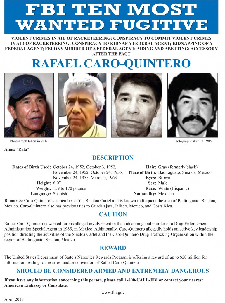 Une affiche des dix fugitifs les plus recherchés du FBI montre des détails sur Rafael Caro Quintero