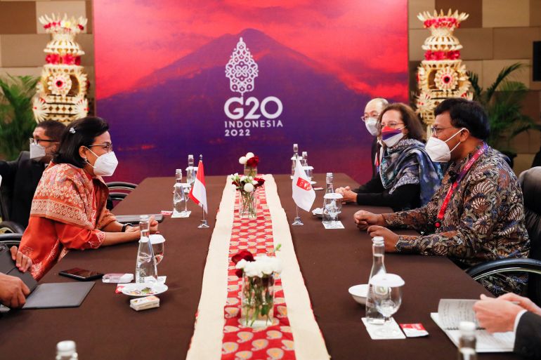 Indonesia's Finance Minister Mulyani Indrawati speaks with Financial Action Task Force President Raja Kumar during their bilateral meeting at the G20 Finance Ministers and Central Bank Governors Meeting in Nusa Dua, Bali, Indonesia.