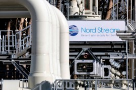 FILE PHOTO: Pipes at the landfall facilities of the 'Nord Stream 1' gas pipeline are pictured in Lubmin, Germany, March 8, 2022.