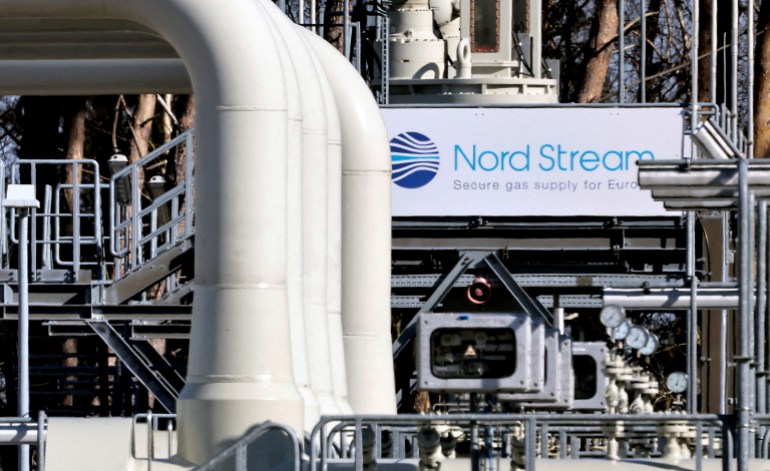 FILE PHOTO: Pipes at the landfall facilities of the 'Nord Stream 1' gas pipeline are pictured in Lubmin, Germany, March 8, 2022.