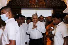 Ranil Wickremesinghe who has been elected as the Eighth Executive President under the Constitution leaves a Buddhist temple,