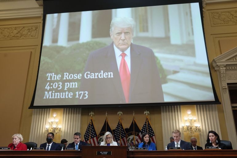 A clip of former US President Donald Trump appears on a screen during a public hearing of the US House Select Committee to investigate the January 6 Attack on the Capitol, in Washington, DC.