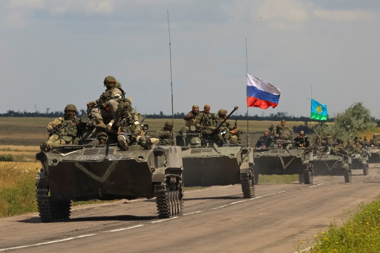 An armoured convoy of Russian troops drives in Russian-held part of Zaporizhzhia region