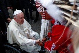 Pope Francis is welcomed after arriving at Edmonton International Airport, near Edmonton, Alberta, Canada July 24, 2022.
